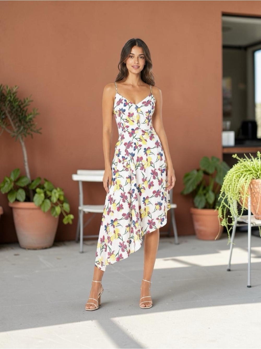 Banana Republic Floral Ruffled Spaghetti Strap Sundress Maxi Dress White 4 Small